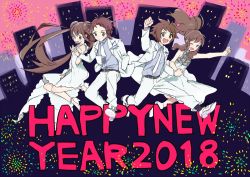 Rule 34 | 2018, 2boys, 2girls, :d, ;d, alternate costume, arm up, blush, brown hair, clenched hand, commentary request, creatures (company), double bun, dress, eyelashes, floating hair, game freak, grey shirt, hagetapo, hair bun, happy new year, high heels, hilbert (pokemon), hilda (pokemon), holding hands, jacket, long hair, multiple boys, multiple girls, nate (pokemon), necktie, new year, nintendo, one eye closed, open mouth, pants, pokemon, pokemon bw, pokemon bw2, rosa (pokemon), shirt, shoes, smile, twintails, white dress, white footwear, white jacket, white neckwear, white pants