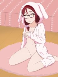 Rule 34 | 10s, 1girl, animal hood, barefoot, bespectacled, bottomless, breasts, brown eyes, rabbit hood, closed mouth, convenient censoring, convenient leg, covering privates, covering one breast, glasses, hair ornament, hair scrunchie, highres, hood, hoodie, kneeling, long hair, looking at viewer, love live!, love live! sunshine!!, medium breasts, miya anko, naked hoodie, navel, no pussy, on floor, red hair, sakurauchi riko, scrunchie, side ponytail, smile, solo, wooden floor
