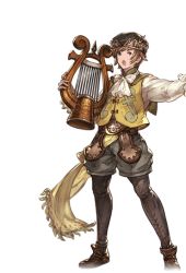 Rule 34 | 10s, 1boy, alpha transparency, brown eyes, brown hair, full body, gran (granblue fantasy), granblue fantasy, harp, harpist (granblue fantasy), hat, instrument, male focus, minaba hideo, official art, open mouth, pants under shorts, short hair, shorts, solo, transparent background, vest