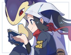 Rule 34 | 1girl, akari (pokemon), artist name, black hair, closed mouth, creatures (company), floating scarf, from side, galaxy expedition team survey corps uniform, game freak, grey eyes, grey outline, hands up, head scarf, highres, hisuian typhlosion, holding, holding notebook, long hair, nintendo, notebook, omochi (omotimotittona3), outline, pokemon, pokemon (creature), pokemon legends: arceus, ponytail, red scarf, scarf, smile
