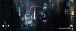 Rule 34 | 1girl, 3others, absurdres, alley, asteroid ill, bad id, bad twitter id, black footwear, black jacket, black shorts, black thighhighs, boots, building, cityscape, commentary, cyberpunk, dark, fake screenshot, green eyes, heads-up display, highres, holding, holding phone, iz (asteroid ill), jacket, lights, long hair, long sleeves, multiple others, neon lights, night, open clothes, open jacket, original, outdoors, phone, scenery, shirt, shorts, skyscraper, sleeves past wrists, solo focus, speech bubble, standing, thighhighs, translated, user interface, very long hair, white hair, white shirt, wide shot, window