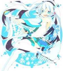 Rule 34 | 1girl, detached sleeves, hall jion, hatsune miku, long hair, necktie, open mouth, scarf, skirt, snowflakes, solo, thighhighs, twintails, very long hair, vocaloid, yuki miku