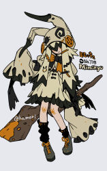 Rule 34 | 1girl, black socks, bow, cosplay, costume, creatures (company), full body, game freak, gen 7 pokemon, hair ornament, harurie, hat, long sleeves, mimikyu, mimikyu (cosplay), nintendo, patch, pokemon, simple background, sleeves past fingers, sleeves past wrists, socks, solo, white background