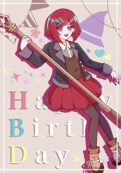 Rule 34 | 1girl, :d, arm up, black jacket, brown footwear, brown pantyhose, brown vest, danganronpa (series), danganronpa v3: killing harmony, dr 03zeromi, dress shirt, gem hair ornament, happy birthday, heart, highres, holding, holding staff, jacket, long sleeves, miniskirt, open clothes, open jacket, open mouth, pantyhose, red eyes, red hair, red skirt, shirt, short hair, skirt, smile, solo, staff, two-tone shirt, vest, white shirt, yumeno himiko