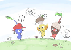 Rule 34 | ?, acorn, black eyes, blue pikmin, blue skin, blue sky, cabbie hat, colored skin, day, field, flower, flower field, furrowed brow, goomba, grass, hand on own chin, hat, leaf, looking at another, mario (series), mario hat, mushroom hat, nintendo, no humans, no mouth, notice lines, one eye closed, outdoors, pikmin (creature), pikmin (series), pikmin bloom, pointy nose, red headwear, red pikmin, sky, spoken character, spoken question mark, thought bubble, triangle mouth, usuba (hatomugip), white flower, yellow pikmin, yellow skin
