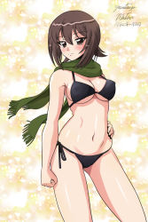 Rule 34 | 1girl, artist name, bikini, black bikini, breasts, brown eyes, brown hair, cleavage, closed mouth, commentary, cowboy shot, dated, fringe trim, girls und panzer, green scarf, hand on own hip, light frown, looking at viewer, matsui yasutsugu, medium breasts, navel, nishizumi maho, one-hour drawing challenge, scarf, short hair, side-tie bikini bottom, signature, solo, standing, string bikini, swimsuit