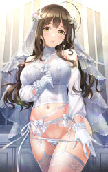 Rule 34 | 1girl, ahoge, bare shoulders, blush, breasts, bride, brown hair, commentary request, cowboy shot, crop top, detached sleeves, flower, garter belt, gloves, hair flower, hair ornament, highres, idolmaster, idolmaster shiny colors, kuwayama chiyuki, large breasts, long hair, long sleeves, looking at viewer, midriff, navel, panties, panty pull, parted lips, pulling own clothes, smile, solo, standing, stomach, thighhighs, underwear, underwear only, urabi (tomatohouse), veil, white gloves, white panties, white thighhighs, yellow eyes