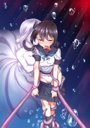 Rule 34 | 10s, 2girls, abyssal ship, air bubble, anchor symbol, black hair, black legwear, black skirt, breast hold, breasts, bubble, chain, choker, closed eyes, clothes pull, colored skin, dark persona, dress, dual persona, fubuki (kancolle), horns, kantai collection, kumaori, low ponytail, multiple girls, panties, pleated skirt, ponytail, school uniform, selfcest, serafuku, short ponytail, sidelocks, skirt, skirt pull, spoilers, tentacles, underwater, underwear, undressing, white hair, white panties, white skin, yuri