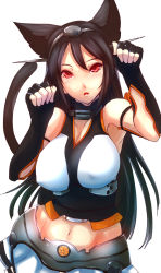 Rule 34 | 10s, 1girl, animal ears, bare shoulders, black hair, breasts, cat ears, cat tail, cleavage, dearmybrothers, eyelashes, headgear, highres, kantai collection, kemonomimi mode, large breasts, long hair, looking at viewer, midriff, miniskirt, nagato (kancolle), navel, open mouth, paw pose, pleated skirt, red eyes, simple background, skirt, solo, tail, white background, wide hips