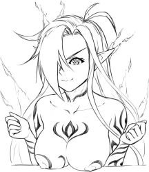Rule 34 | 1girl, antenna hair, aura, body writing, breast rest, breasts, closed mouth, collarbone, elemental (creature), fiery hair, fire, flaming hair, greyscale, hair over one eye, hands up, ignis (monster girl encyclopedia), large breasts, long hair, looking at viewer, maritan (pixelmaritan), monochrome, monster girl encyclopedia, nipples, nude, one eye covered, pointy ears, smile, solo, spirit, tattoo, upper body, v-shaped eyebrows, white background