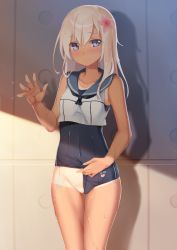 Rule 34 | 10s, 1girl, bad id, bad pixiv id, black neckerchief, blonde hair, blouse, blue eyes, blue one-piece swimsuit, blush, breasts, character name, clothing aside, cowboy shot, embarrassed, flower, hair between eyes, hair flower, hair ornament, highres, kantai collection, legs together, long hair, looking at viewer, neckerchief, one-piece swimsuit, one-piece tan, parted bangs, partially visible vulva, pulling own clothes, ro-500 (kancolle), school swimsuit, shirt, sleeveless, sleeveless shirt, small breasts, smile, solo, standing, swimsuit, swimsuit aside, swimsuit under clothes, tan, tanline, thighs, water, wedgie, wet, white shirt, zi se