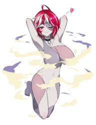 Rule 34 | 1girl, absurdres, ahoge, alternate breast size, arms up, black choker, blush, breasts, censored, choker, colored skin, grey skin, heart, highres, hololive, hololive indonesia, kureiji ollie, large breasts, looking at viewer, multicolored skin, nude, one eye closed, patchwork skin, short hair, simple background, smoke, solo, stitched face, stitched leg, stitched torso, stitches, sui hi sf, two-tone skin, virtual youtuber, white background, zombie