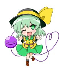 Rule 34 | 1girl, ;d, black hat, black socks, blush, bow, buttons, chibi, eyebrows, frilled shirt collar, frills, full body, green eyes, green hair, hat, hat bow, honda takaharu, kneehighs, komeiji koishi, leg up, looking at viewer, lowres, matching hair/eyes, one eye closed, open mouth, outstretched arms, shirt, short hair, smile, socks, solo, standing, standing on one leg, third eye, touhou, transparent background, yellow bow, yellow shirt