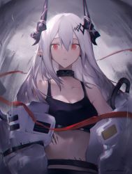 Rule 34 | 1girl, absurdres, arknights, bare shoulders, black horns, black sports bra, breasts, cleavage, collarbone, commentary, ear piercing, hair ornament, highres, horns, infection monitor (arknights), jumpsuit, long hair, looking at viewer, material growth, medium breasts, mudrock (arknights), mudrock (elite ii) (arknights), navel, off shoulder, open jumpsuit, oripathy lesion (arknights), parted lips, piercing, pointy ears, red eyes, silver hair, solo, sports bra, upper body, uyuu (hirameki), white jumpsuit