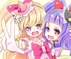 Rule 34 | 2girls, :d, asahina mirai, black hat, blonde hair, blue hair, bow, cure magical, cure miracle, gloves, hair bow, hat, heart, izayoi liko, long hair, looking at viewer, magical girl, mahou girls precure!, mini hat, mini witch hat, multiple girls, open mouth, pink eyes, pink hat, ponytail, precure, purple eyes, riko (mahou girls precure!), shijimi (michikusa honpo), smile, v, white gloves, witch hat