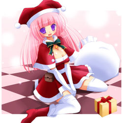 Rule 34 | 1girl, bad id, bad pixiv id, bell, blush, boots, bow, breasts, capelet, christmas, cleavage, dress, gift, hat, jester cap, kay, kay (utd), large breasts, long hair, original, pink hair, purple eyes, sack, santa costume, solo, thighhighs, zettai ryouiki
