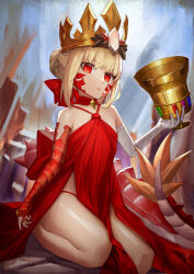 Rule 34 | 1girl, absurdres, bare shoulders, blonde hair, braid, breasts, crown, dragon tail, dress, elbow gloves, facial mark, fate/grand order, fate (series), gloves, hair bun, highres, holy grail (fate), kylin (leilla8775), looking at viewer, nero claudius (fate), nero claudius (fate) (all), parted lips, queen draco (fate), queen draco (first ascension) (fate), red dress, red eyes, scales, seiza, sidelocks, single glove, sitting, small breasts, solo, tail, white gloves