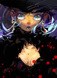 Rule 34 | 1girl, aqua eyes, black hair, black hat, blood, blood from mouth, breasts, cleavage cutout, clothing cutout, earrings, eye focus, freckles, fuwata, hat, highres, jewelry, looking at viewer, open mouth, original, skull and crossbones, solo, upper body