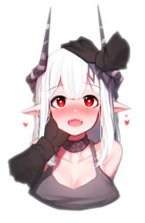 Rule 34 | absurdres, arknights, beudelb, black shirt, blouse, blunt bangs, blush, breasts, embarrassed, heart, heart-shaped pupils, highres, horns, infection monitor (arknights), large breasts, mudrock (arknights), mudrock (elite ii) (arknights), open mouth, pointy ears, red eyes, shirt, simple background, solo, sports bra, symbol-shaped pupils, tagme, teeth, upper teeth only, wavy mouth, white background, white hair