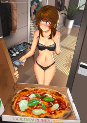 Rule 34 | 2girls, ahoge, black bra, black panties, blue eyes, blush, bra, breasts, brooke (mleth), brown hair, covering own mouth, delivery, door, doorway, embarrassed, exhibitionism, flower pot, food, furrowed brow, green hair, hand up, holding, holding money, indoors, legs together, long hair, looking at another, looking away, looking to the side, mleth, money, multiple girls, navel, nose blush, open door, original, panties, peeking out, petite, pizza, pizza box, plant, potted plant, pov, pov doorway, public indecency, shirt, short sleeves, small breasts, smile, solo focus, stomach, t-shirt, thea (mleth), thigh gap, underwear, underwear only