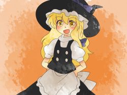 Rule 34 | 1girl, :d, apron, bad id, bad pixiv id, blonde hair, bow, braid, comic, dress, female focus, gradient background, hair bow, hammer (sunset beach), hand on own hip, hat, hip focus, kirisame marisa, long hair, open mouth, silent comic, smile, solo, touhou, witch, witch hat, yellow eyes