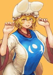 Rule 34 | 1girl, absurdres, animal hat, arched back, blonde hair, blush, chanta (ayatakaoisii), cowboy shot, extra ears, fang, fox tail, hair between eyes, hands up, happy, hat, highres, long skirt, long sleeves, looking at viewer, mob cap, multiple tails, open mouth, orange background, shiny skin, shirt, short hair, simple background, skirt, smile, solo, tabard, tail, teeth, touhou, wavy hair, white shirt, white skirt, wide sleeves, yakumo ran