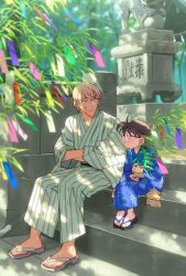 Rule 34 | 2boys, :d, amuro tooru, bamboo, black-framed eyewear, black sash, blonde hair, blue eyes, blue kimono, blurry, blush, brown hair, brown sash, child, closed mouth, commentary request, crossed arms, dappled sunlight, day, depth of field, edogawa conan, eye contact, full body, glasses, hair between eyes, hands in opposite sleeves, highres, holding, japanese clothes, k (gear labo), kimono, long sleeves, looking at another, male focus, meitantei conan, multiple boys, obi, open mouth, print kimono, sandals, sash, short hair, sitting, sitting on stairs, smile, stairs, statue, stone stairs, striped clothes, striped kimono, sunlight, tanabata, tanzaku, toenails, vertical-striped clothes, vertical-striped kimono, wide sleeves, yukata, zouri