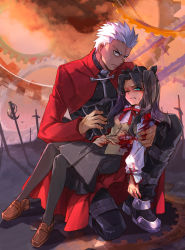 Rule 34 | 1boy, 1girl, archer (fate), bad id, bad pixiv id, black hair, blood, blue eyes, dark-skinned male, dark skin, empew, fate/stay night, fate (series), gears, grey eyes, hair ribbon, height difference, highres, homurahara academy school uniform, injury, ribbon, school uniform, tohsaka rin, twintails, two side up, unlimited blade works (fate), white hair, wince