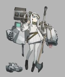 Rule 34 | 1girl, axe, black footwear, blue eyes, boots, brown gloves, cannon, caterpillar tracks, character request, closed mouth, coat, frider, full body, gloves, goggles, goggles on head, grey background, highres, holding, holding axe, jacket, long hair, long sleeves, mecha musume, military, military vehicle, motor vehicle, pantyhose, personification, scarf, shovel, simple background, solo, tank, war thunder, weapon, white background, white coat, white hair, white jacket, white pantyhose