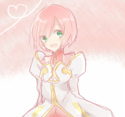 Rule 34 | 1girl, aqua eyes, blush, breasts, dress, estellise sidos heurassein, heart, lowres, open mouth, pink background, pink hair, short hair, tales of (series), tales of vesperia