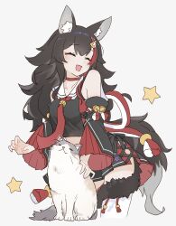 Rule 34 | 1girl, :d, absurdres, animal ear fluff, animal ears, bare shoulders, bell, black hair, cat, choker, closed eyes, colored tips, commentary request, detached sleeves, grey background, hair ornament, highres, hololive, jingle bell, kouhaku nawa, long hair, long sleeves, low-tied long hair, multicolored hair, neckerchief, ookami mio, ookami mio (1st costume), open mouth, origami gyokuo, petting, red choker, red hair, red neckerchief, rope, sailor collar, shimenawa, simple background, smile, solo, star (symbol), streaked hair, taiga (ookami mio), tail, tail around own leg, thighhighs, very long hair, virtual youtuber, white thighhighs, wolf ears, wolf girl, wolf tail