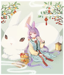 Rule 34 | animal, animal ears, blue skirt, blue vest, bow, branch, chinese zodiac, commentary request, emia wang, food, fruit, hair bow, hand fan, highres, holding, lantern, long hair, long sleeves, low twintails, mandarin orange, original, oversized animal, paper fan, parted lips, pleated skirt, puffy long sleeves, puffy sleeves, purple hair, rabbit, rabbit ears, red bow, red eyes, shirt, skirt, teapot, tray, twintails, uchiwa, very long hair, vest, year of the rabbit, yellow shirt