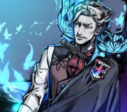 Rule 34 | 1boy, ascot, belt, black cape, blue butterfly, blue eyes, brown vest, bug, butterfly, cape, closed mouth, emblem, facial hair, fate/grand order, fate (series), formal, insect, james moriarty (archer) (fate), long sleeves, male focus, mustache, old, old man, red ascot, shirt, short hair, sideburns, solo, vest, white shirt, yurizuka (sergeant heart)
