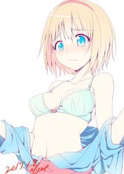 Rule 34 | 1girl, alice margatroid, artist name, blonde hair, blue bra, blue eyes, blush, bow, bow bra, bra, breasts, closed mouth, clothes down, commentary request, dated, hairband, medium breasts, navel, nirap, pink bow, red hairband, sash, short hair, simple background, solo, stomach, tears, touhou, underwear, upper body, white background