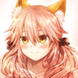 Rule 34 | 10s, 1girl, animal ears, blush, collarbone, fate/extra, fate/extra ccc, fate/grand order, fate (series), fox ears, jewelry, light smile, looking up, necklace, pink hair, solo, sora (yukimi shiro), tamamo no mae (fate/extra), twintails, yellow eyes