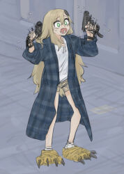 Rule 34 | 1girl, alternate costume, animal slippers, asymmetrical bangs, bathrobe, blonde hair, boxers, bright pupils, crying, crying with eyes open, derivative work, dual wielding, flying sweatdrops, full body, green eyes, gun, guns akimbo (movie), hands up, highres, holding, holding gun, holding weapon, insect hair ornament, long hair, long sleeves, male underwear, matangom, matangomu-chan, nail, open mouth, original, panicking, parody, paw shoes, photo-referenced, pillbug, plaid, raised eyebrows, shirt, shouting, slippers, socks, solo, tears, underwear, very long hair, weapon, white pupils, white shirt, white socks, wide-eyed