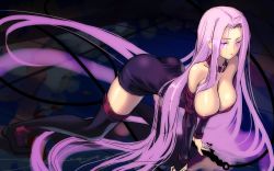 Rule 34 | 1girl, absurdly long hair, all fours, ass, bare shoulders, black thighhighs, boots, breasts, coffee cat, collar, dress, fate (series), jpeg artifacts, large breasts, long hair, medusa (fate), medusa (rider) (fate), purple eyes, purple hair, sketch, solo, strapless, strapless dress, thigh boots, thighhighs, very long hair
