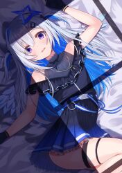 Rule 34 | 1girl, amane kanata, amane kanata (work), angel wings, arm up, belt, black dress, black gloves, blue belt, blue hair, blush, colored inner hair, commentary request, dress, feathered wings, frilled dress, frills, gloves, gradient dress, grey hair, hair ornament, hairclip, halo, highres, hololive, jewelry, long hair, lying, mini wings, multicolored hair, neck ribbon, necklace, official alternate costume, official alternate hairstyle, on back, open mouth, partially fingerless gloves, pleated dress, purple eyes, ribbon, short dress, single hair intake, solo, star (symbol), star halo, star necklace, streaked hair, thigh strap, two side up, virtual youtuber, window shadow, wings, yaki no yaki