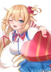Rule 34 | 1girl, ;d, absurdres, akai haato, akai haato (1st costume), aqua eyes, blonde hair, blue skirt, box, breasts, chamaru5963, collared shirt, hair between eyes, hair ornament, hair ribbon, heart, heart-shaped box, heart hair ornament, highres, hololive, incoming gift, large breasts, long hair, looking at viewer, low twintails, nail polish, neck ribbon, one eye closed, one side up, open mouth, red nails, red ribbon, ribbon, shirt, short sleeves, skirt, smile, solo, suspender skirt, suspenders, twintails, valentine, very long hair, virtual youtuber, white shirt