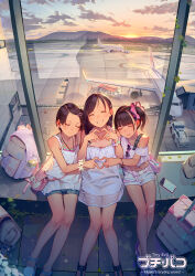 Rule 34 | 3girls, absurdres, airport, backpack, bag, belt, black hair, blue shorts, blunt bangs, cellphone, child, closed eyes, collarbone, commentary, crop top, dress, english commentary, flower bracelet, grin, hair ornament, hair scrunchie, hairclip, heart, heart-shaped eyewear, heart hands, highres, indoors, long hair, mixed-language commentary, miyako (tiny evil), muk (monsieur), multiple girls, one side up, original, phone, pink bag, pink belt, pink scrunchie, sana (tiny evil), scrunchie, short hair, short shorts, shorts, sidelocks, smile, sunglasses, tiny evil, white dress, white shorts, window, yurika (tiny evil)