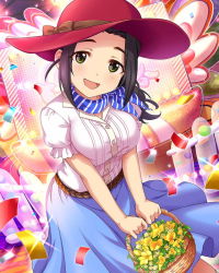 Rule 34 | 10s, 1girl, artist request, belt, black hair, blush, breasts, confetti, ebihara naho, flower, green eyes, hat, holding, idolmaster, idolmaster cinderella girls, large breasts, long hair, looking at viewer, official art, puffy short sleeves, puffy sleeves, shirt, short sleeves, skirt, smile, solo, stage, white shirt