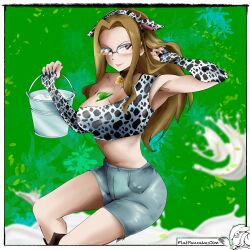Rule 34 | absurdres, animal ears, animal print, armpits, arms up, boots, breast tattoo, breasts, brown hair, bucket, cleavage, cow ears, cow horns, cow print, cowbell, cowgirl outfit, evergreen (fairy tail), fairy tail, flatpancakesjim, glasses, hand through hair, highres, holding, holding bucket, horns, large breasts, leather, leather boots, lipstick, long hair, long sleeves, makeup, milk, seductive smile, short pants, simple background, smile, tattoo, thick thighs, thighs