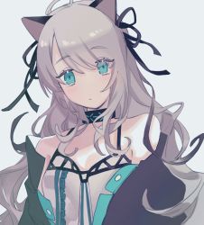 Rule 34 | 1girl, animal ears, arknights, bad id, bad twitter id, bare shoulders, black jacket, blue eyes, blush, closed mouth, commentary request, dress, grey background, grey hair, hair between eyes, highres, jacket, long hair, looking at viewer, mmm ma pmpm, off shoulder, simple background, sleeveless, sleeveless dress, solo, upper body, white dress