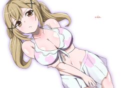 Rule 34 | 10s, 1girl, artist name, bang dream!, bikini, blonde hair, breast hold, breasts, cleavage, closed mouth, front-tie top, hair ornament, halterneck, halterneck, ichigaya arisa, large breasts, looking at viewer, navel, oda koziki, signature, simple background, solo, swimsuit, twintails, white background, yellow eyes