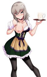 Rule 34 | 1girl, black choker, black pantyhose, blue eyes, blush, breasts, choker, cowboy shot, cum, cum in container, cum in mouth, cum on body, cum on breasts, cum on upper body, dirndl, facial, german clothes, girls und panzer, grabbing own breast, grey hair, highres, itsumi erika, large breasts, looking at viewer, maid, medium hair, nico-mo, nipples, one breast out, pantyhose, simple background, smile, solo, sweat, white background