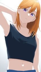 Rule 34 | 1girl, absurdres, armpits, black shirt, collarbone, commentary request, hair between eyes, highres, looking at viewer, love live!, love live! superstar!!, medium hair, midriff, navel, parted lips, purple eyes, s sho mkrn, shibuya kanon, shirt, solo, standing, upper body, white background