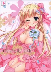 Rule 34 | 1girl, ;q, absurdres, alternate costume, bare shoulders, blonde hair, blue flower, blue rose, blunt bangs, blush, bouquet, bow, breasts, bridal veil, choker, cleavage, closed mouth, company name, cover, cover page, cowboy shot, detached sleeves, dress, english text, flower, frilled dress, frilled panties, frilled sleeves, frills, garter straps, green eyes, hair bow, hair flower, hair ornament, halterneck, hand on own cheek, hand on own face, hand up, hands up, highres, kin-iro loveriche, large breasts, long hair, looking at viewer, moribe (rabumanyo), no bra, official art, one eye closed, orange flower, orange rose, panties, petals, pink bow, pink choker, pink dress, pink flower, pink panties, pink rose, pink sleeves, pink thighhighs, purple flower, purple rose, rose, rose petals, scan, shiny skin, simple background, sleeveless, sleeveless dress, smile, solo, straight hair, sylvia le cruzcrown sortilege sisua, thighhighs, thighs, tongue, tongue out, underwear, veil, very long hair, white background, yellow flower