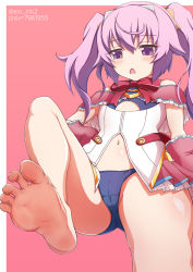Rule 34 | 1girl, artist request, barefoot, blush, chaos;head, erin-fray orgel, feet, foot focus, highres, long hair, open mouth, purple eyes, purple hair, soles, solo, toes