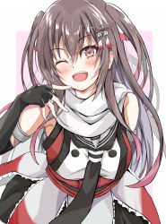 Rule 34 | 1girl, absurdres, alternate hair length, alternate hairstyle, black gloves, black neckerchief, black skirt, brown eyes, brown hair, buttons, commentary request, cowboy shot, dairyo3, double-breasted, elbow gloves, fingerless gloves, gloves, highres, kantai collection, neckerchief, one eye closed, sailor collar, scarf, school uniform, sendai (kancolle), serafuku, skirt, smile, solo, two side up, white sailor collar, white scarf