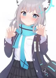 Rule 34 | 1girl, animal ears, bag, bitseon, black jacket, blazer, blue archive, blue eyes, blue necktie, blue scarf, blush, closed mouth, cross hair ornament, extra ears, grey hair, grey skirt, hair ornament, highres, jacket, long sleeves, looking at viewer, medium hair, mismatched pupils, necktie, open clothes, open jacket, pleated skirt, scarf, shiroko (blue archive), shirt, simple background, skirt, solo, white background, white shirt, wolf ears